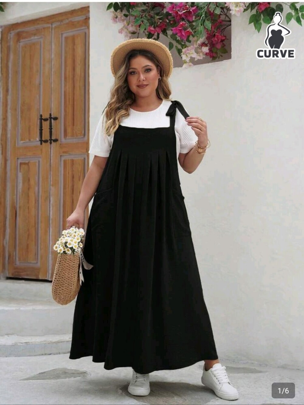 Black Plus-Size Tie-Strap Maxi Pinafore Skirt
